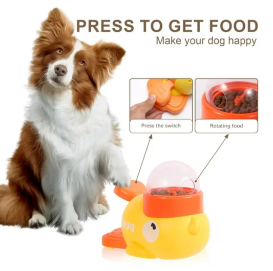 Dog with a toy that dispenses food, featuring text 'Press to get food' and images of the toy in action.