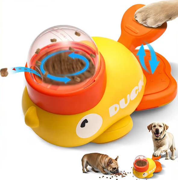 Dog toy shaped like a yellow duck with an orange mouth, featuring the brand 'DUCK'.